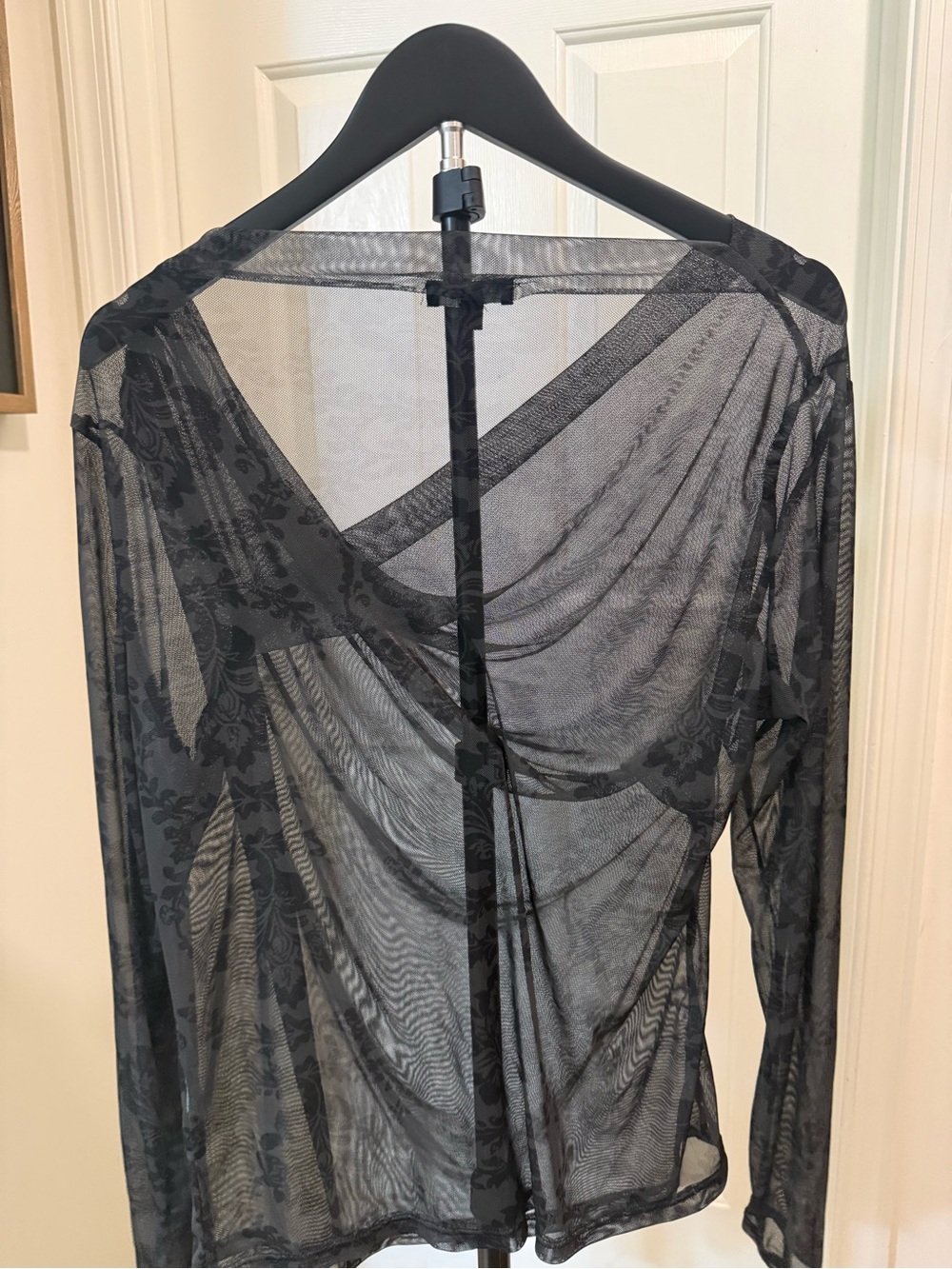 Express Black Sheer Draped Long Sleeve Top with Subtle Floral Jacquard - Picture 2 of 3